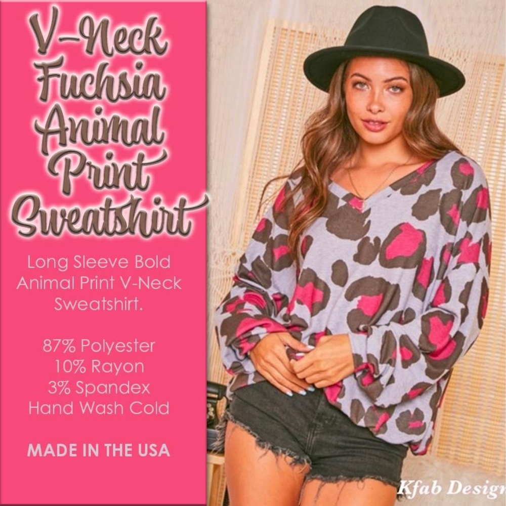V-Neck Fuchsia Animal Print Sweatshirt